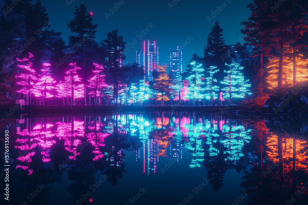 Obraz premium Neon Nights in a Japanese Garden – Futuristic Landscapes with Glowing Nature and Traditional Architecture