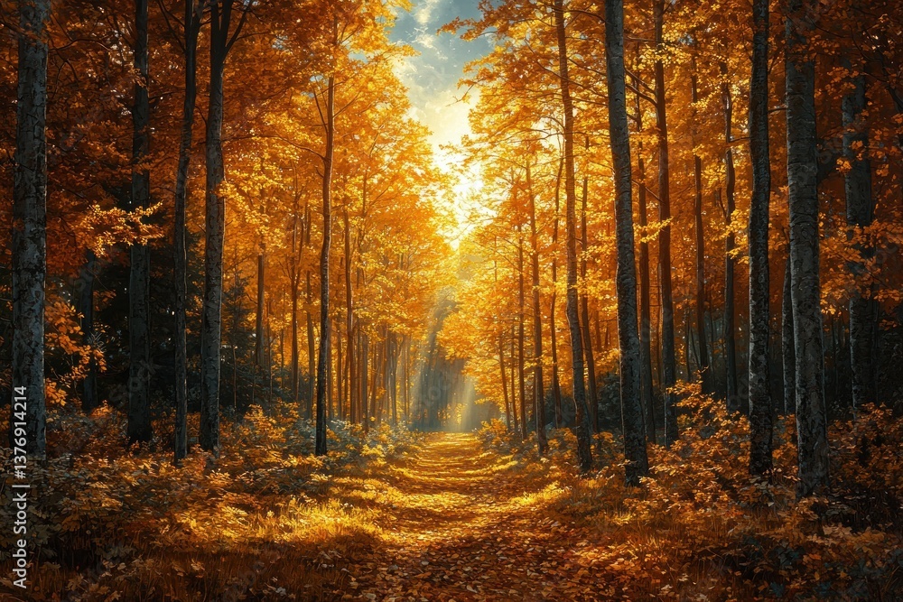 Obraz premium Autumn Forest Scene with Golden Leaves and Warm Sunlight