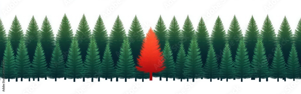 Obraz premium Christmas Tree Pattern with Green Pine Trees and Red Accent, Minimalist Geometric Design