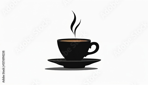 Simple black silhouette cup coffee with steam on saucer. Steaming beverage in minimalist design. Hot drink, cafe, cafeteria, tea time, relax, warm, comfort, breakfast, drink