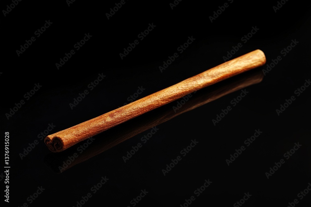 An isolated cinnamon stick shown on a reflective black surface An isolated cinnamon stick shown on a reflective black surface