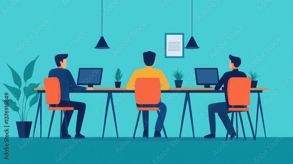 Group of three people working collaboratively at a modern office desk with laptops, indoor plants, and bright colored walls in creative workspace environment Group of three people working collaboratively at a modern office desk with laptops, indoor plants, and bright colored walls in creative workspace environment
