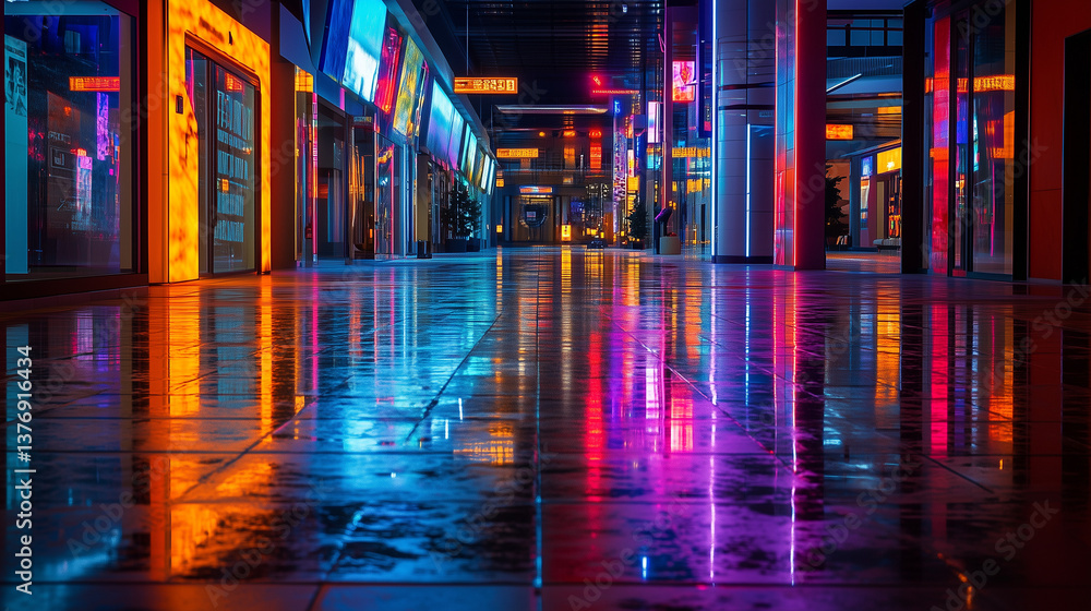 Naklejka premium Colorful Neon Reflections in Empty Urban Street at Night – Futuristic City Lights on Wet Pavement
