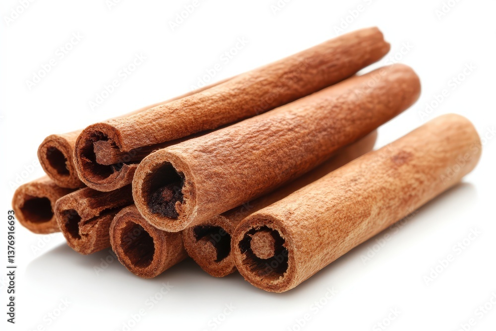 Several brown rolled cinnamon sticks are stacked on a white surface Several brown rolled cinnamon sticks are stacked on a white surface