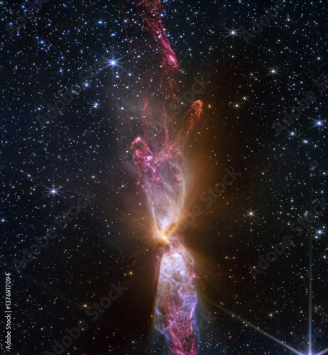 Fototapeta Naklejka Na Ścianę i Meble -  Lynds 483. This image is a composite of separate exposures acquired by NASA’s  James Webb Space Telescope using the NIRCam instrument. Young protostar and its outflows. Constellation Serpens