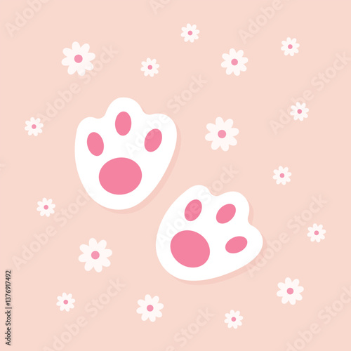 bunny foot print, cute pink and white rabbit paws with flowers, decorative elements for Easter celebration, greeting or invitation card, vector illustration