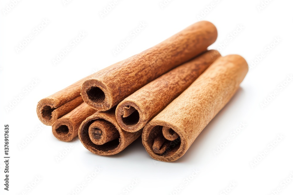 Several cinnamon sticks arranged together on a clean white surface Several cinnamon sticks arranged together on a clean white surface