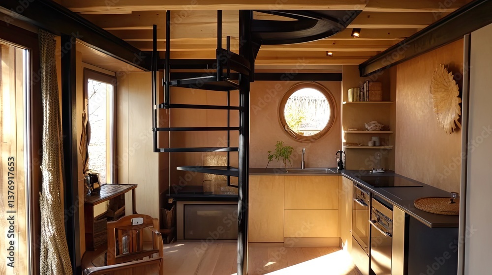 A small loft space connected by a stylish black steel staircase structure