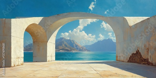 Minimalist Bell Tower Overlooking Calm Mediterranean Sea and Sky