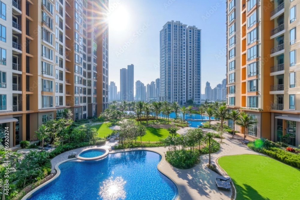 Obraz premium Modern new buildings with large windows and green lawns apartment complexs in front view, swimming pool near the building Generative AI
