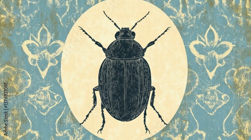 Vintage Insect Illustration with Decorative Background Featuring a Detailed Beetle Design in Shades of Blue and Cream Tones for Nature and Entomology Themes