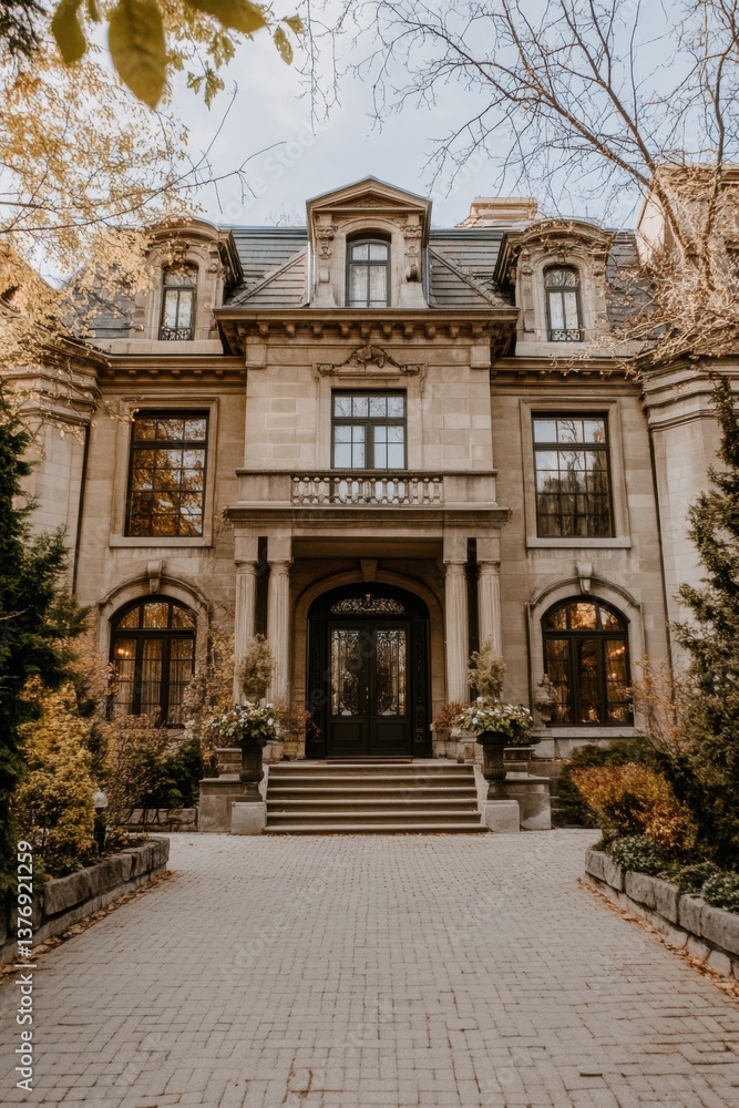 Elegant mansion with intricate architecture surrounded by autumn foliage in a serene neighborhood captured during golden hour
