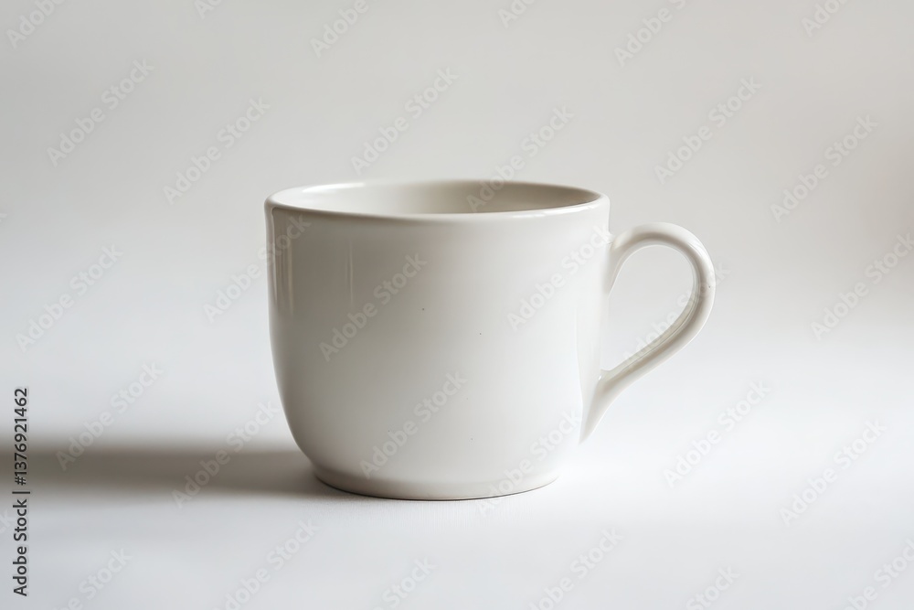 A white ceramic mug resting on a plain white surface A white ceramic mug resting on a plain white surface