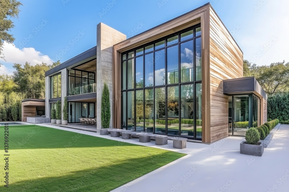 Modern architectural design featuring large glass windows and wooden accents in a spacious outdoor setting during the day Modern architectural design featuring large glass windows and wooden accents in a spacious outdoor setting during the day
