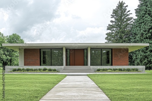 Wallpaper Mural This contemporary architectural masterpiece showcases a stunning house constructed from concrete and brick, harmoniously nestled within a tranquil green landscape under a cloudy sky Torontodigital.ca