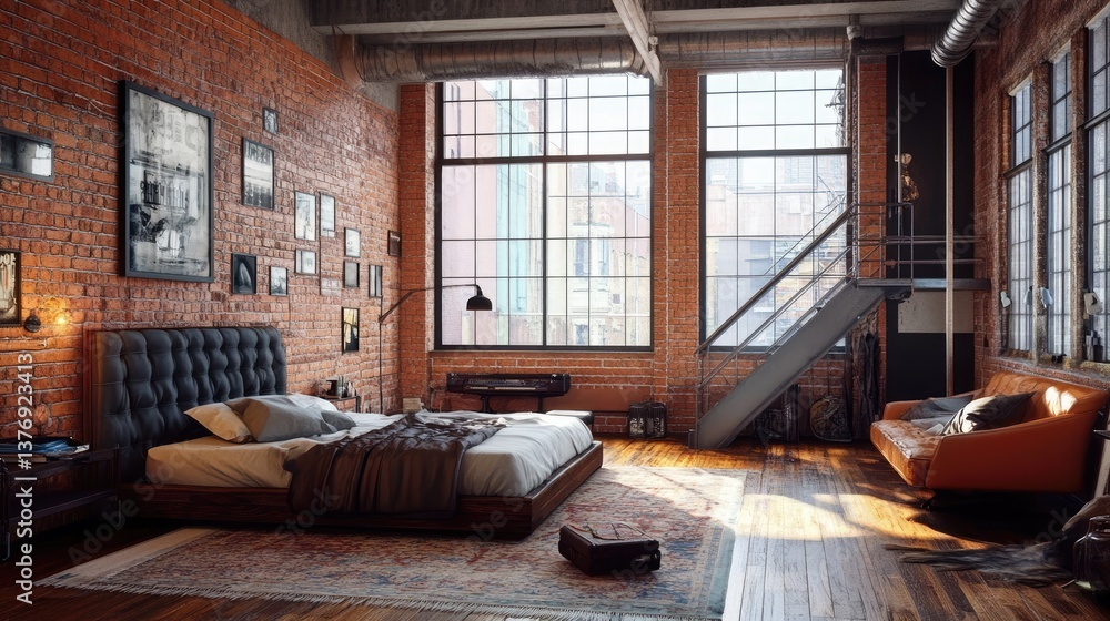 A wooden staircase with steel elements blending into a cozy bedroom space A wooden staircase with steel elements blending into a cozy bedroom space