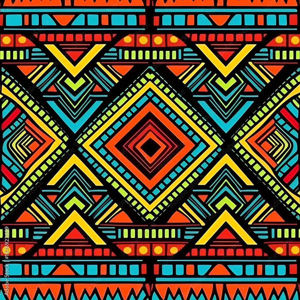Vibrant Geometric Tribal Pattern with Bold Shapes and Bright Colors Vibrant Geometric Tribal Pattern with Bold Shapes and Bright Colors
