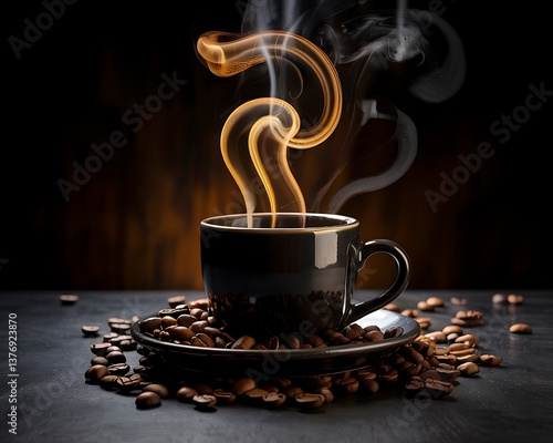 A close-up image of a dark-colored coffee cup filled with steaming coffee, with a captivating design of golden vapor.