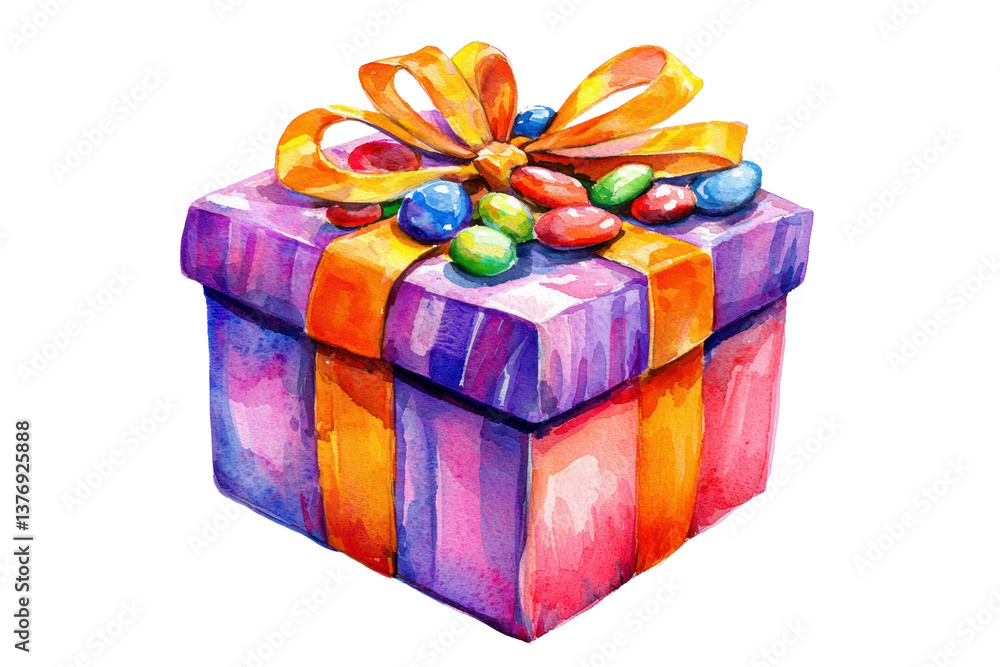 Fototapeta premium Watercolor gift box with ribbon and candies isolated on transparent background