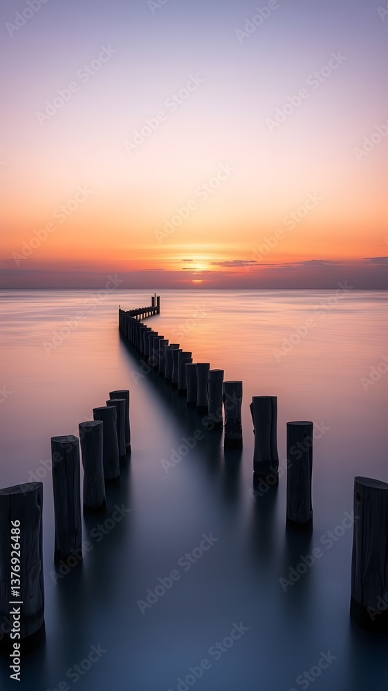 Obraz premium Wooden posts in calm water at sunset