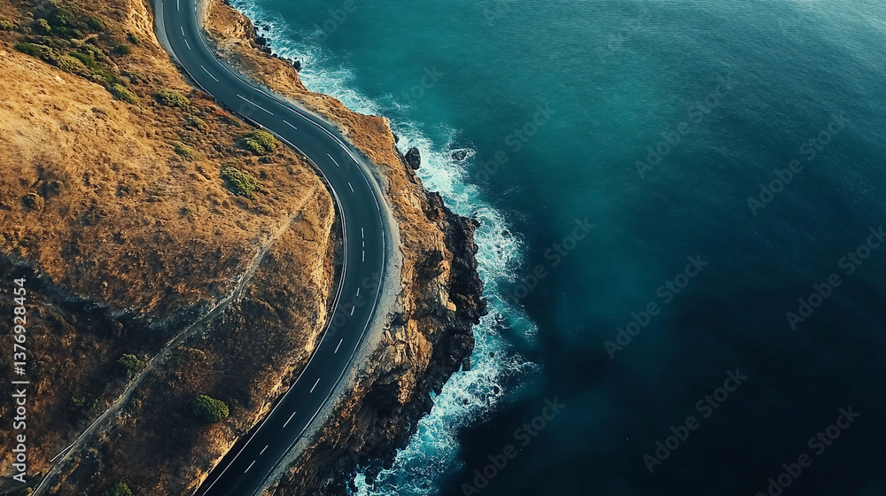 Fototapeta premium A road with a cliff on the side and the ocean in the background