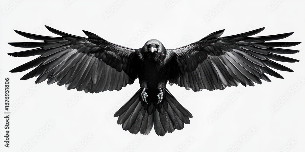 Obraz premium flying raven black ink illustration on white background