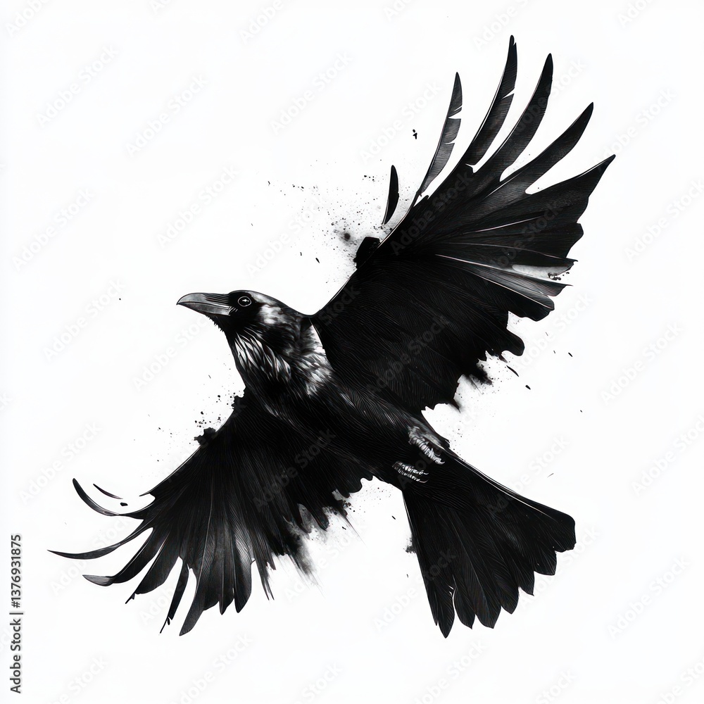Fototapeta premium detailed black raven in flight abstract illustration graphic design on white background