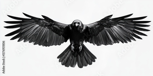 flying raven black ink illustration on white background
