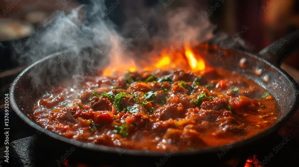 Pakistani Peshawari Karahi Tomato Based Meat Curry sizzling a traditional karahi pan dramatic silhouette lighting with glowing embers and rising steam street side Peshawari eatery ambiance Pakistani Peshawari Karahi Tomato Based Meat Curry sizzling a traditional karahi pan dramatic silhouette lighting with glowing embers and rising steam street side Peshawari eatery ambiance