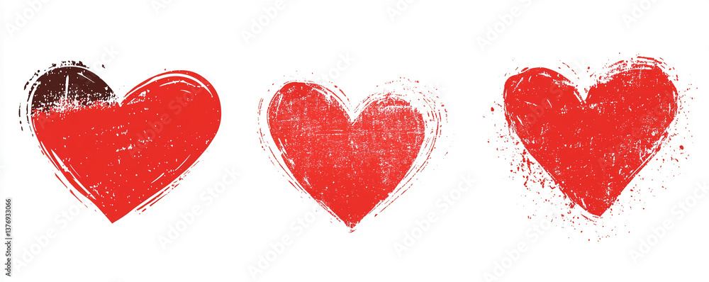 Artistic interpretation of three hearts in varying shades of red showcasing different textures and styles with a simple white background, perfect for expressing love and emotion Artistic interpretation of three hearts in varying shades of red showcasing different textures and styles with a simple white background, perfect for expressing love and emotion