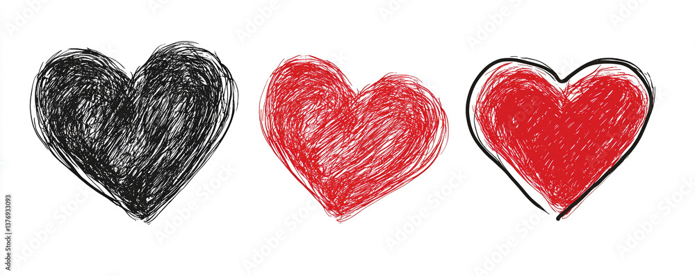 Different heart designs showcasing black, red, and bold red colors on a simple white background, symbolizing diverse emotions and relationships Different heart designs showcasing black, red, and bold red colors on a simple white background, symbolizing diverse emotions and relationships
