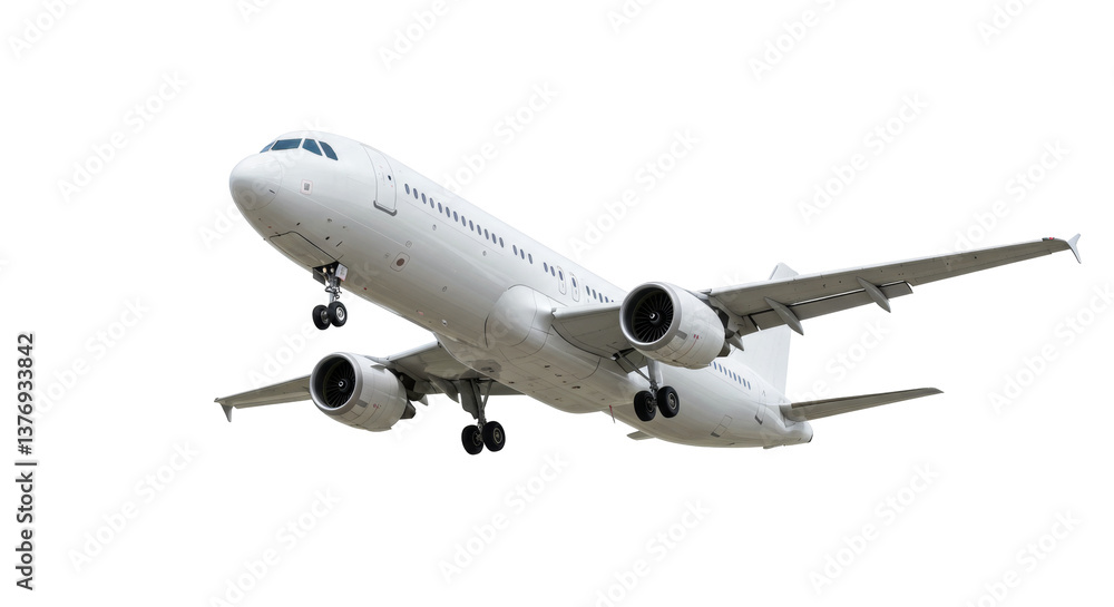 White Passenger Airliner Approaching Landing Against Clear Blue Sky White Passenger Airliner Approaching Landing Against Clear Blue Sky