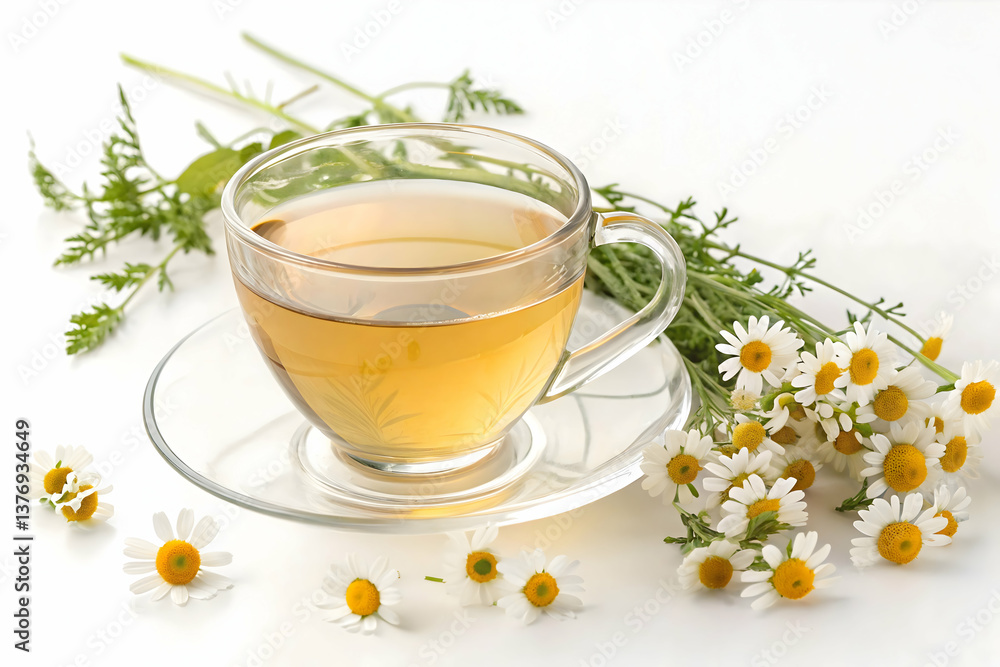 Glass Teacup with Bright Yellow Chamomile Tea on a White Saucer, Fresh and Inviting,Cup of herbal chamomile tea with a sprig of fresh chamomile,cup of tea with flowers. Glass Teacup with Bright Yellow Chamomile Tea on a White Saucer, Fresh and Inviting,Cup of herbal chamomile tea with a sprig of fresh chamomile,cup of tea with flowers.