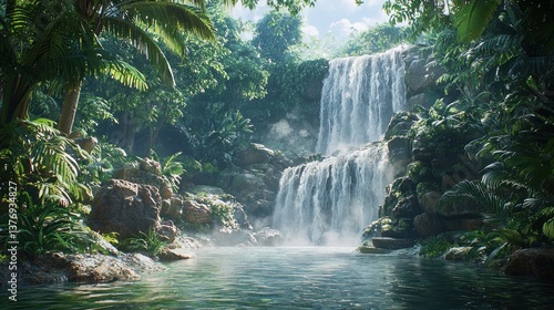 Lush waterfall cascading into a tranquil jungle pool