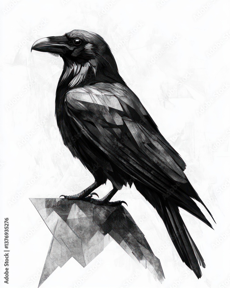 Fototapeta premium Cubist Raven Illustration Minimalistic Black and White Geometric Art Print