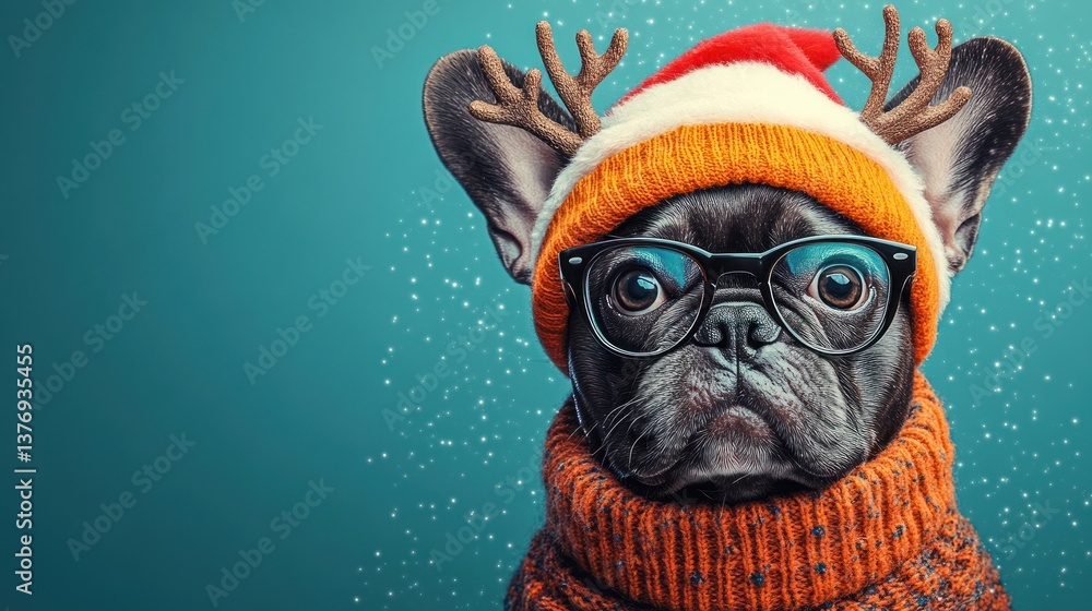 Fototapeta premium French Bulldog in Santa Hat and Sunglasses Christmas Card Funny Holiday Greeting