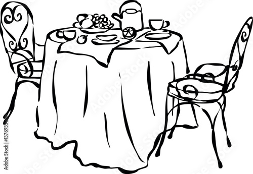 Mesa de brunch dibujada a mano. Ilustración para invitación, papelería o branding. Icono de cena para invitación de fiesta