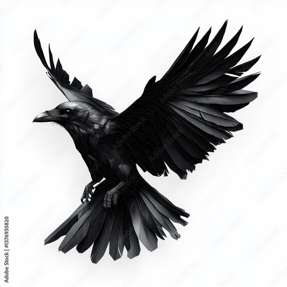Obraz premium Black Raven Flying Geometric Art Minimalist Illustration on White Background