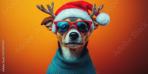 Merry Christmas Funny Jack Russell Dog in Santa Hat and Sunglasses with Reindeer Antlers on Vibrant Background