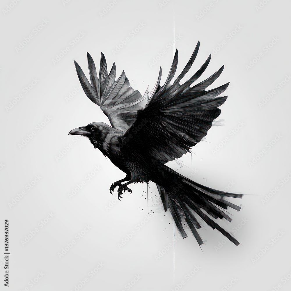 Fototapeta premium Raven Flight Abstract Art Geometric Minimalist Black White Ink Drawing
