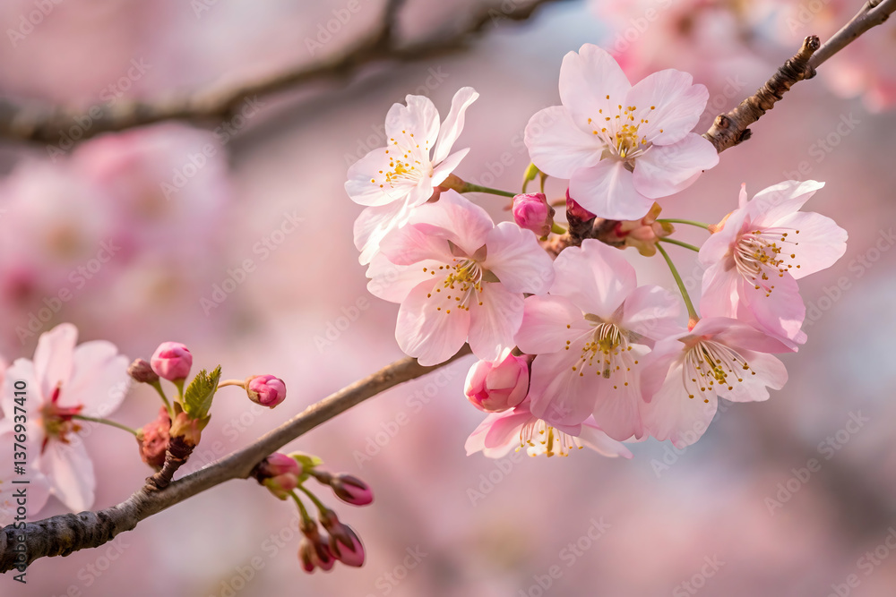 Obraz premium Close-Up of Pink Cherry Blossoms in Full Bloom with Delicate Petals and Yellow Stamens,Spring Blossoms: Vibrant Fruit Tree Flowers in Full Bloom,