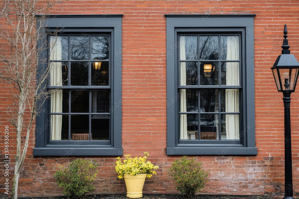 Beautiful brick building exterior featuring large windows with black frames, inviting yellow flower pot, and elegant street lamp adding charm to the urban landscape Beautiful brick building exterior featuring large windows with black frames, inviting yellow flower pot, and elegant street lamp adding charm to the urban landscape