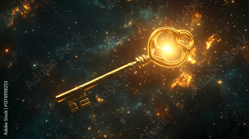 Antique golden key floating in cosmic nebula with bright glowing light. the concept of mysticism, astrology, fortune-telling, shamanism, tarot, seers, clairvoyants. Cosmic Talisman. Illustration