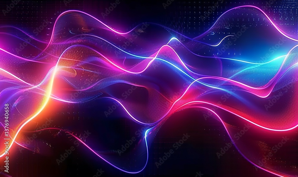 Abstract background with colorful, glowing sound waves on a black backdrop. Glowing, neon wavy Abstract background with colorful, glowing sound waves on a black backdrop. Glowing, neon wavy