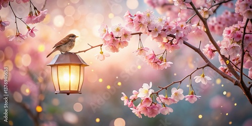 Delicate Lantern, Pink Blossoms, and Bird: Spring Serenity Stock Photo