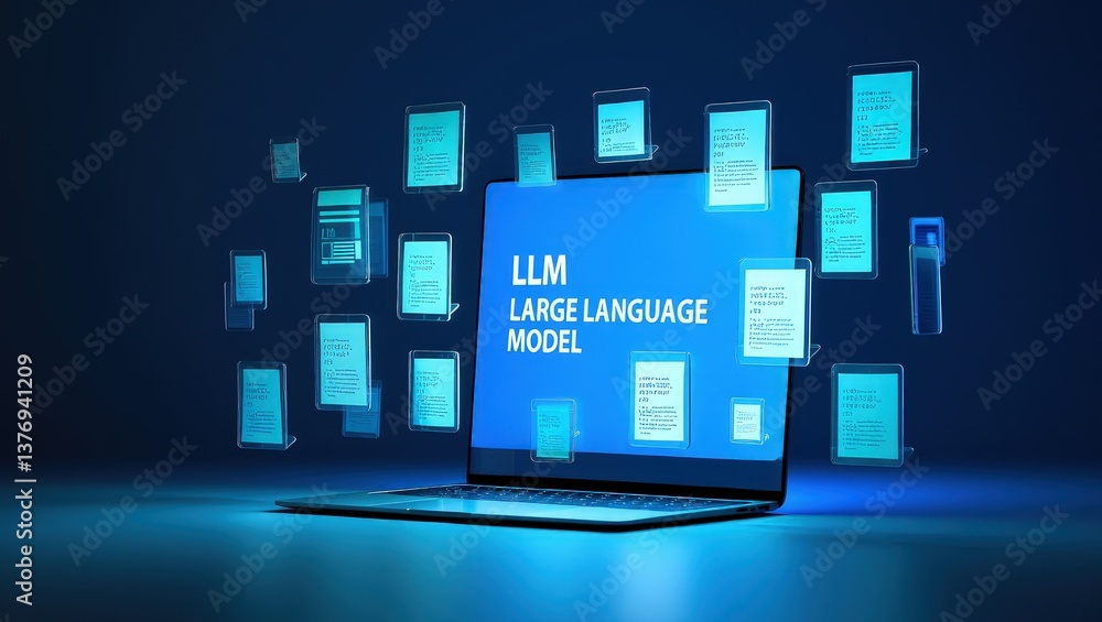 LLM, AI large language model concept, Big data, data transfer, generative ai, natural language generative and data mining. Businessman using laptop with large language model on virtual screen. LLM, AI large language model concept, Big data, data transfer, generative ai, natural language generative and data mining. Businessman using laptop with large language model on virtual screen.