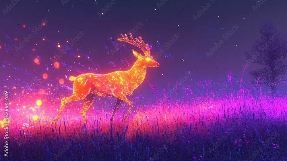 Glowing Deer Walking in Field with Purple Grass at Night Glowing Deer Walking in Field with Purple Grass at Night