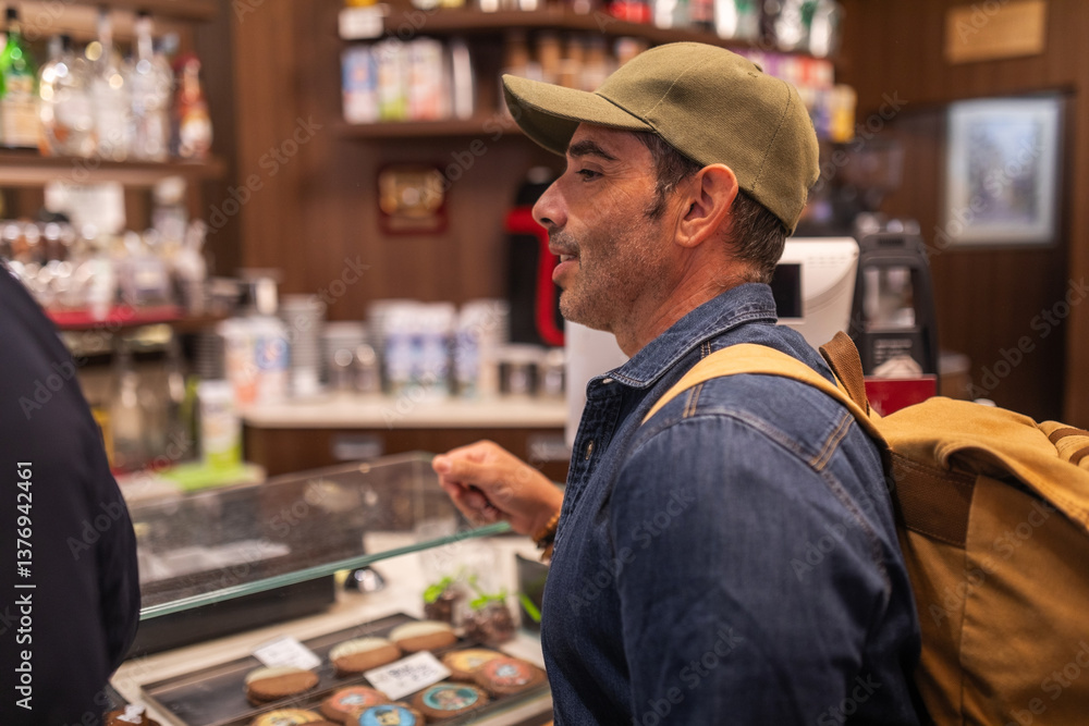 tourist man entering a cafe to order a coffee tourist man entering a cafe to order a coffee