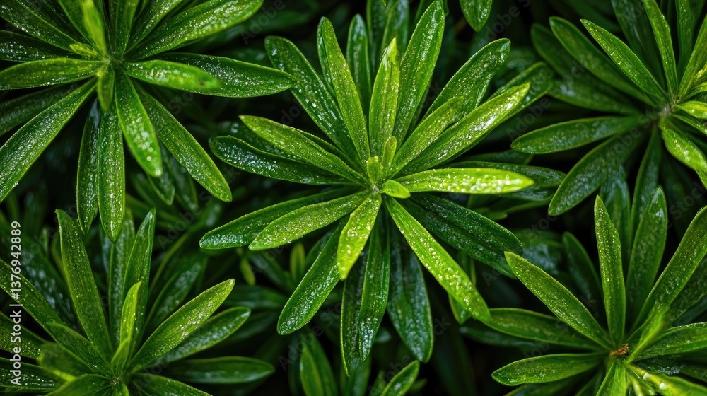 Fototapeta A close-up shot of a pine tree with its needle-like leaves, glistening in the morning dew
