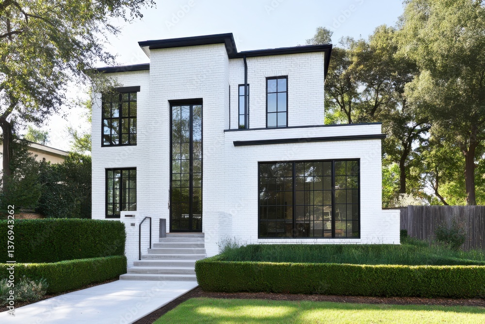 Fototapeta premium Modern white brick house with large windows set in a lush green garden during bright daylight, showcasing contemporary architecture and landscaped surroundings